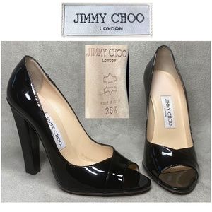 SOLD $$$  JIMMY CHOO Italy Black Patent Leather Block Heel Peep Toe Pump EU 38.5